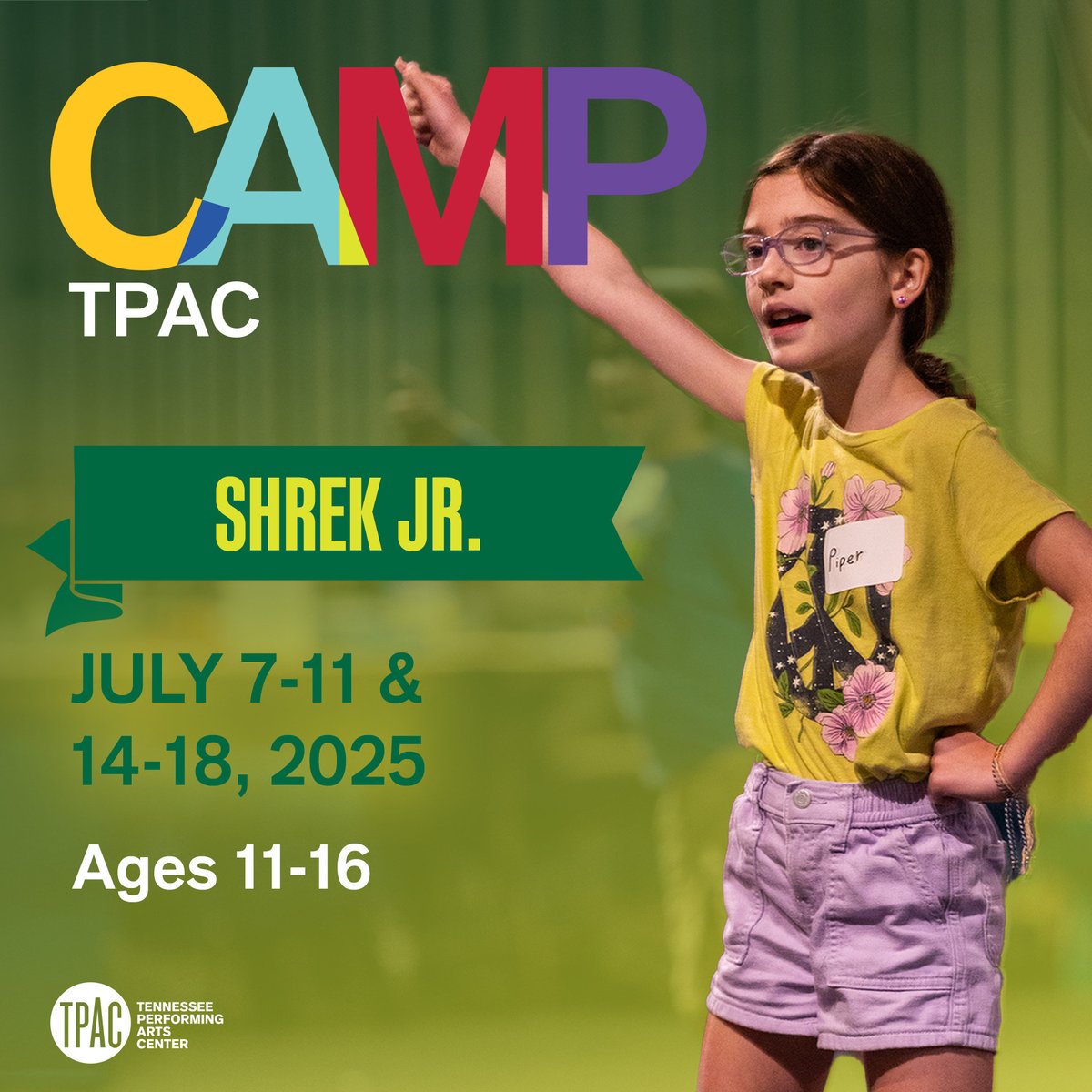 TPAC (@tpac) on Twitter photo Have you heard about our new camp offering this year?
Campers ages 10-16 have the opportunity to spend two weeks laughing, singing, and dancing all the way through the swamp in our Shrek Jr. camp.
Visit TPAC.ORG/CampTPAC to learn more and register! Have you heard about our new camp offering this year?
Campers ages 10-16 have the opportunity to spend two weeks laughing, singing, and dancing all the way through the swamp in our Shrek Jr. camp.
Visit TPAC.ORG/CampTPAC to learn more and register!