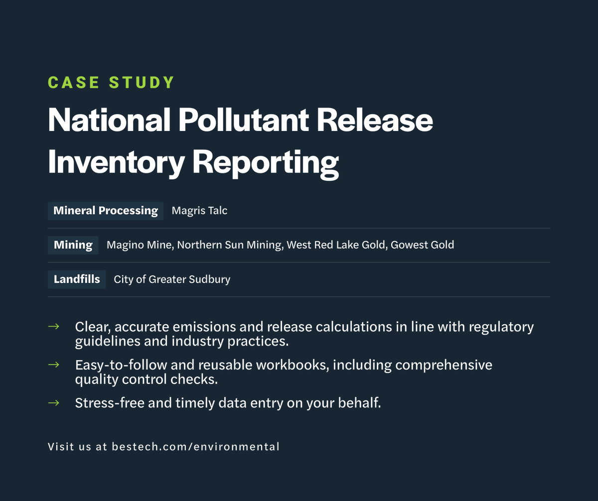 Does #NPRIreporting stress you out?
BESTECH has your back.
From mining operations to sawmills to municipal landfills, BESTECH provides our clients with accurate annual pollutant release calculations with easy-to-use workbooks and a simplified, timely reporting process.