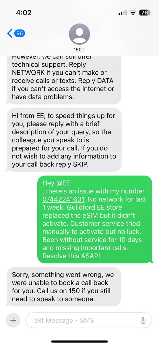 Arun_techie's tweet photo. @EE @EE Even after three days of endless calls and chats with customer service, the issue still persists. This is the response I get? While you claim to be the best network, I can’t even speak to someone to get this resolved. Even the in-store executives have no clue. https://t.co/cNAkrq1lH6