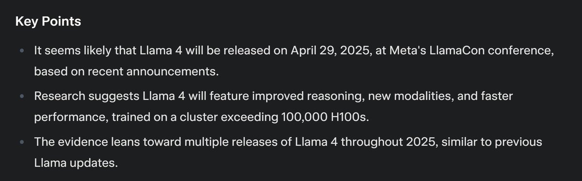 leore245's tweet image. Grok 3 DeepSearch is amazing and has genuinely been much, much better than its competitors, Perplexity Deep Research and Gemini Deep Research.

When asked about the release dates of Llama 4 models, Perplexity provides old, outdated information and does not mention LlamaCon, where…