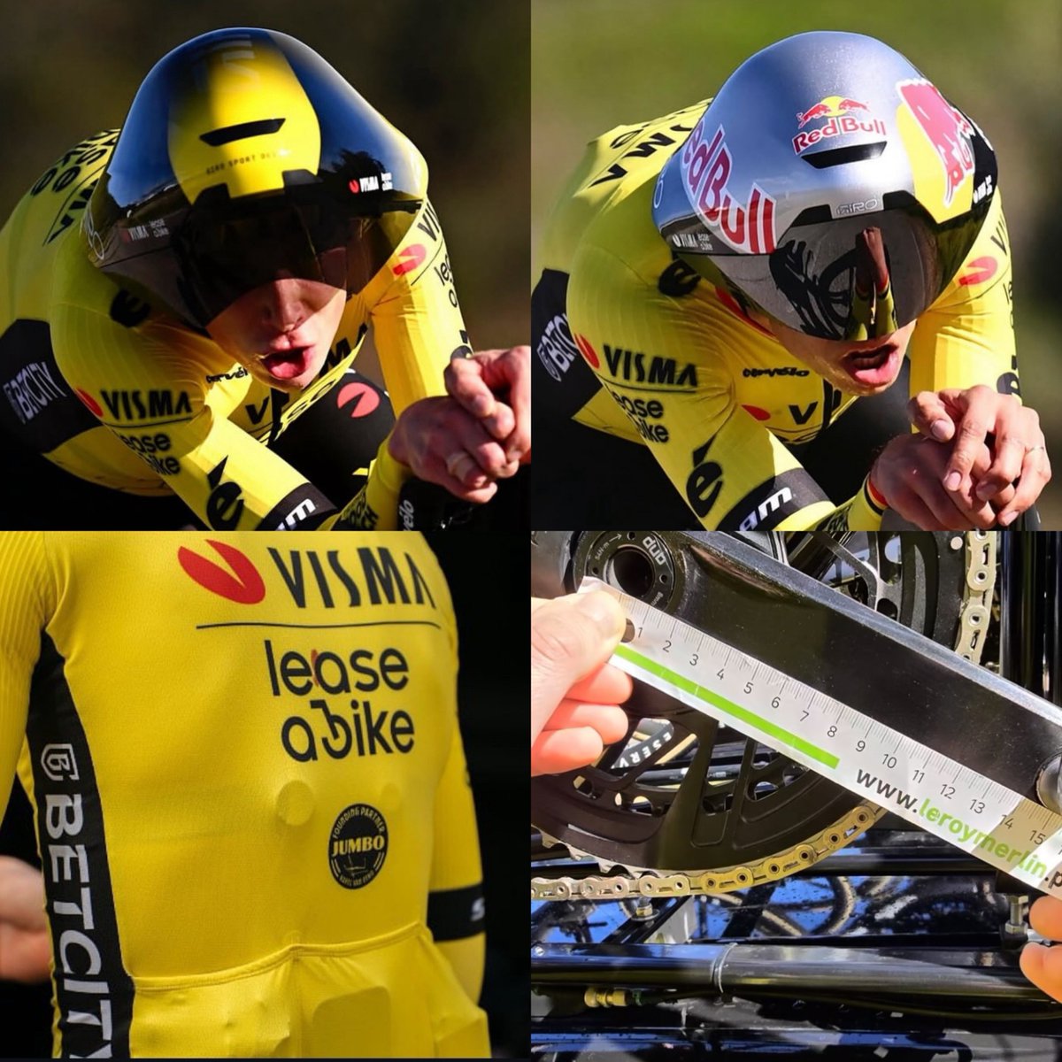 Visma brought so many new innovations to Algarve… 🧐

1. Vingegaard using a trimmed visor compared to Van Aert.

2. Riders using a Tymewear breathing sensor to measure rate and tidal volume.*

3. And mainly Jonas Vingegaard was spotted riding 150mm SRAM Rival cranks!

1/3