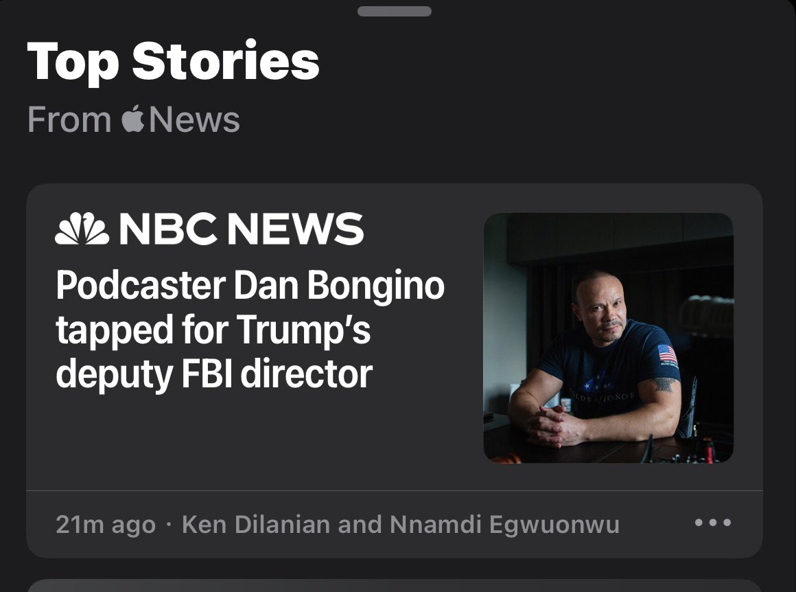 Helping Apple News rewrite their headline:

“Former NYPD Officer and Secret Service Agent Dan Bongino tapped for Trump’s deputy FBI director”

You’re welcome Apple.