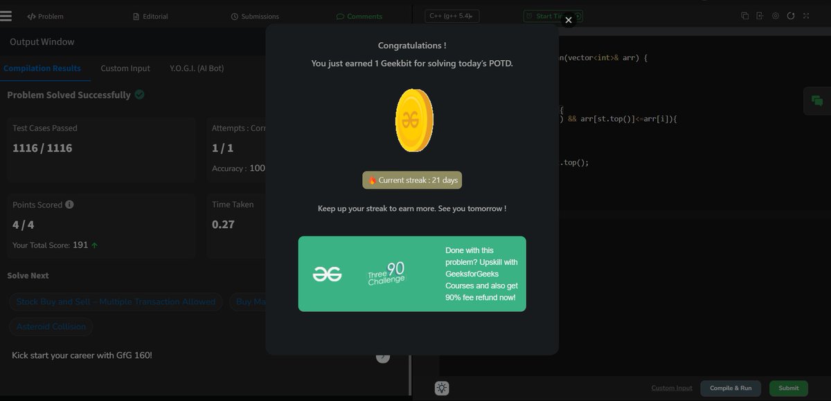 msanthoshhh's tweet image. 🔥 Day 21 | Stock Span Problem 🚀
Used Stack to efficiently track previous greater elements, achieving O(N) time. Learned how to handle stock price comparisons smartly.

#ProblemSolving #Stack #MonotonicStack #CodingJourney #KeepGrinding