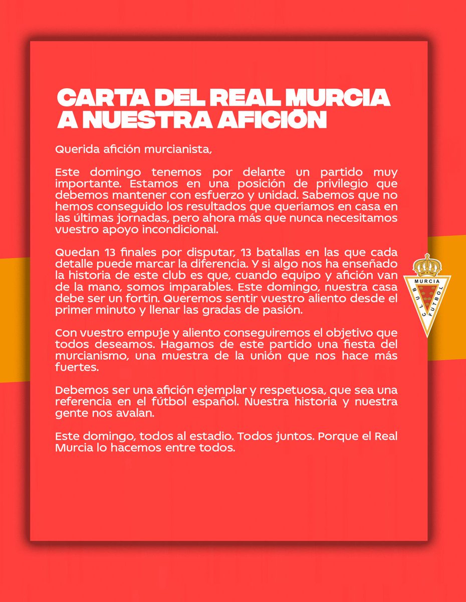 📜❤️ Carta a nuestra afición. 

✊ 𝑼𝒏𝒊𝒅𝒂𝒅 𝒚 𝒄𝒐𝒏𝒇𝒊𝒂𝒏𝒛𝒂.