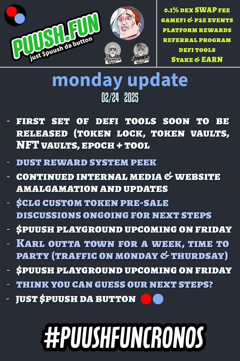 quick little monday hits for you guys

- the first set of defi tools soon to be released for use on the puush.fun website. these will include:
 
a token lock mechanism 
a token vault mechanism  
an NFT vault mechanism 
an epoch addition tool 

- all of these tools
