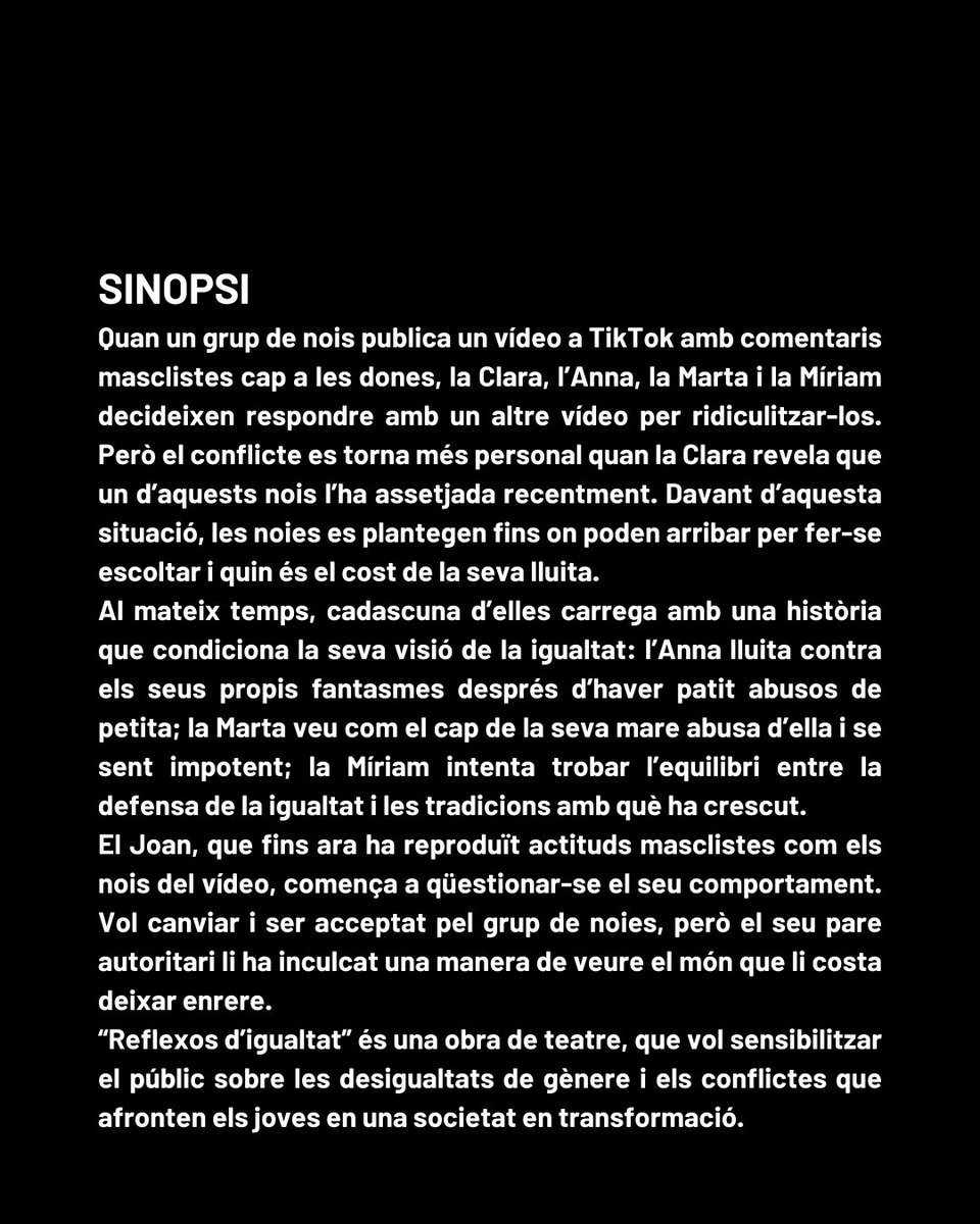 ada_andorra's tweet photo. 🎭 REFLEXOS D’IGUALTAT 👉🏻UNA HISTÒRIA QUE NO DEIXA INDIFERENT 
Obra escrita i dirigida per Mercè Canals. Ens convida a reflexionar sobre la igualtat de gènere, els prejudicis socials i el poder de l’activisme. 
#ADA #igualtat #teatre #8M https://t.co/a4lwlVJdIq