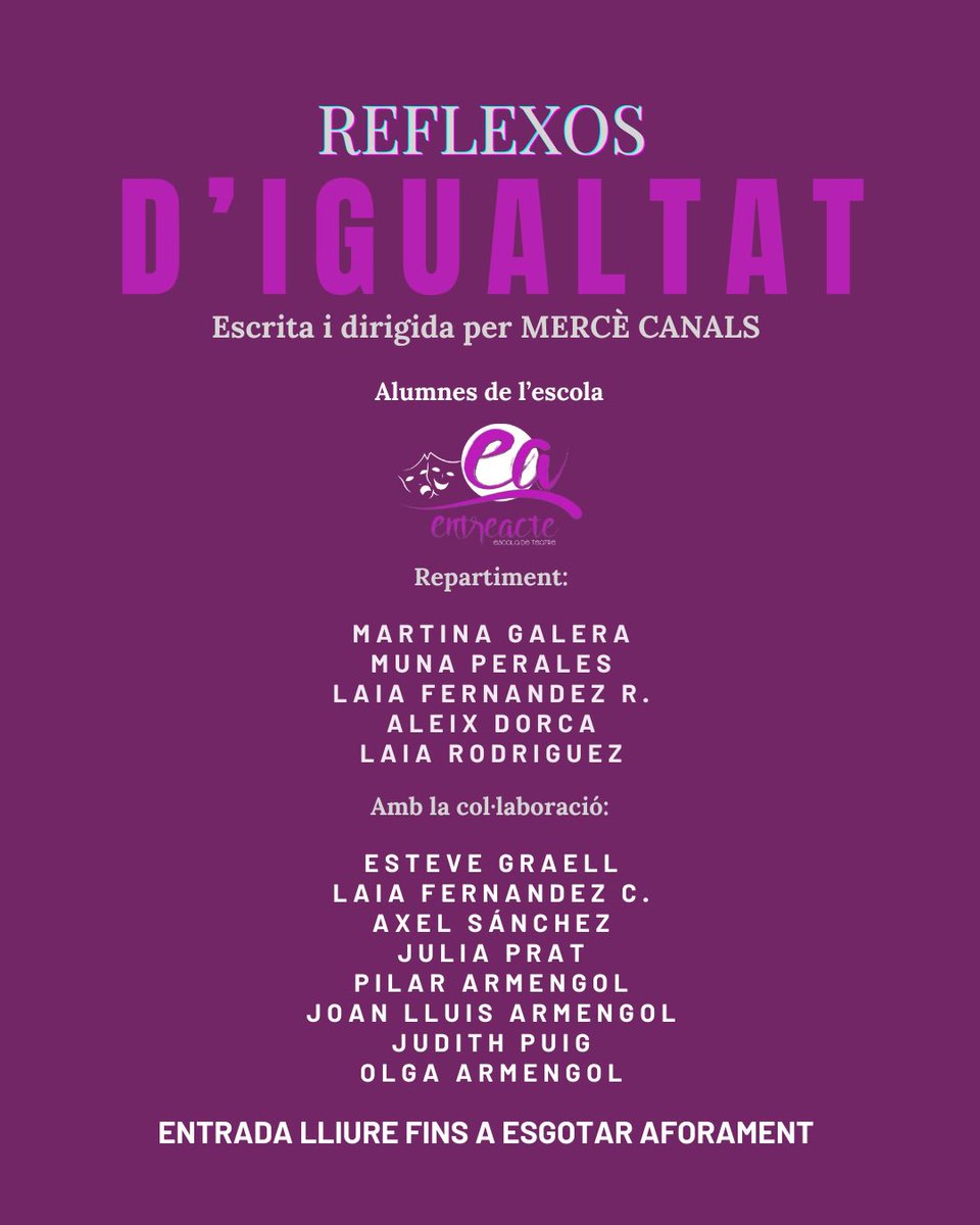ada_andorra's tweet photo. 🎭 REFLEXOS D’IGUALTAT 👉🏻UNA HISTÒRIA QUE NO DEIXA INDIFERENT 
Obra escrita i dirigida per Mercè Canals. Ens convida a reflexionar sobre la igualtat de gènere, els prejudicis socials i el poder de l’activisme. 
#ADA #igualtat #teatre #8M https://t.co/a4lwlVJdIq