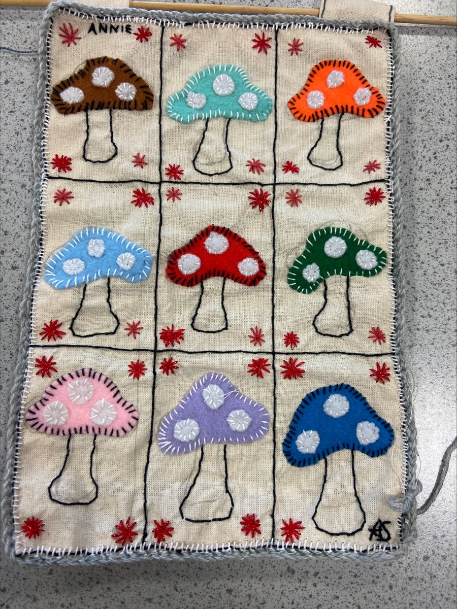 Wow. Check out Annie's (in Y8) final piece of #Textiles work, inspired by William Morris natural forms. Annie has used a variety of skills including #applique #embellishment &amp; a range of stitches including #Crochet. Such a variety that there's not 'mushroom' 🍄for more! (sorry)