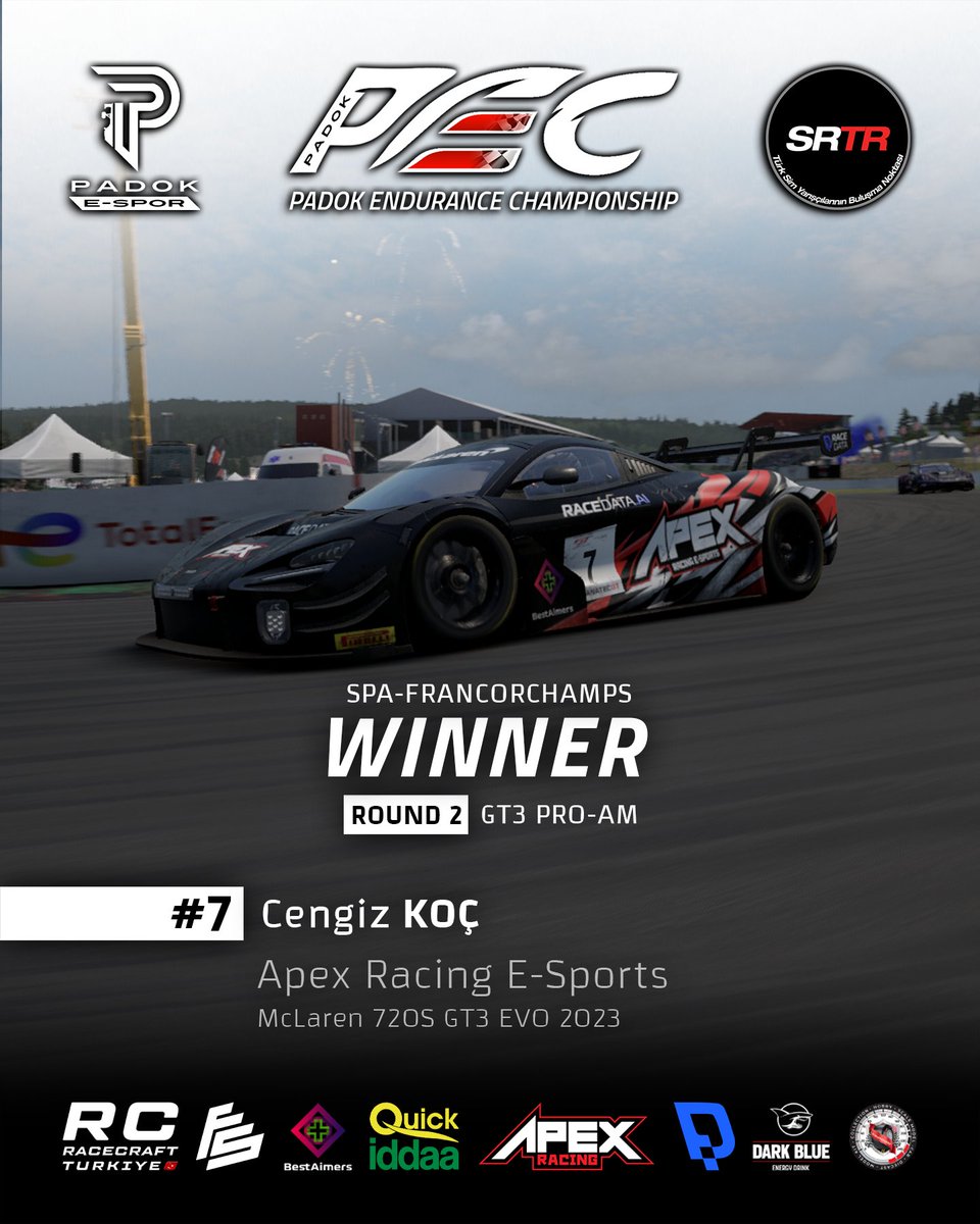 PadokSimRacing's tweet photo. 2️⃣ DOUBLE-WINNER!
🏆 GT3 PRO-AM Spa yarışını Apex Racing E-Sports sürücüsü Cengiz KOÇ kazandı. Podyumun diğer isimleri ise Erşan YILMAZ ve Yavuz EYMEN oldu. Pilotlarımızı tebrik ediyoruz.
📺 Sıradaki durak Monza!
#️⃣ #PEC2025S1 #PADOKESPOR #SIMRACERSTR https://t.co/i9LlKKY2pV