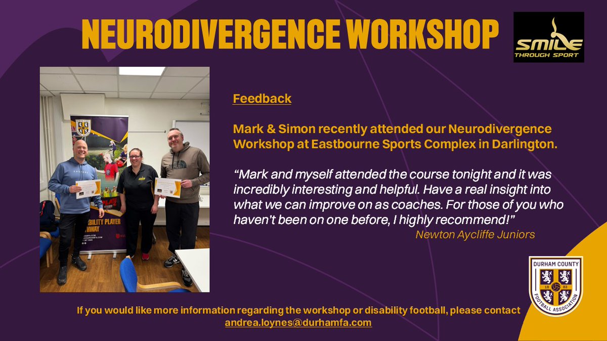 ๐๐๐ฟ๐ต๐ฎ๐บ ๐๐ผ๐๐ป๐๐ ๐๐ โฝ๏ธ (@durhamfa) on Twitter photo We recently hosted a Neurodivergence Workshop delivered by <a href="/Smile_T_Sport/">Smile Through Sport</a> ๐
It is great to hear positive feedback from the attendees, with thanks to Mark and Simon from <a href="/najuniorsfc/">Newton Aycliffe Juniors FC</a> ๐
If you or your club would be interested in attending, email andrea.loynes@durhamfa.com๐ง We recently hosted a Neurodivergence Workshop delivered by <a href="/Smile_T_Sport/">Smile Through Sport</a> ๐
It is great to hear positive feedback from the attendees, with thanks to Mark and Simon from <a href="/najuniorsfc/">Newton Aycliffe Juniors FC</a> ๐
If you or your club would be interested in attending, email andrea.loynes@durhamfa.com๐ง