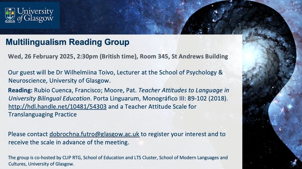 Dobrochna Futro also @dobrochnafutro.bsky.social (@dobrochnafutro) on Twitter photo Looking forward to the next meeting of our Multilingualism Reading Group! This week our guest will be Dr Wilhelmiina Toivo, Lecturer at the School of Psychology & Neuroscience, University of Glasgow <a href="/UofGMVLS/">UofG MVLS</a> <a href="/UofGEducation/">School of Education</a> <a href="/UofGSMLC/">UofG Modern Languages & Cultures</a> Looking forward to the next meeting of our Multilingualism Reading Group! This week our guest will be Dr Wilhelmiina Toivo, Lecturer at the School of Psychology & Neuroscience, University of Glasgow <a href="/UofGMVLS/">UofG MVLS</a> <a href="/UofGEducation/">School of Education</a> <a href="/UofGSMLC/">UofG Modern Languages & Cultures</a>