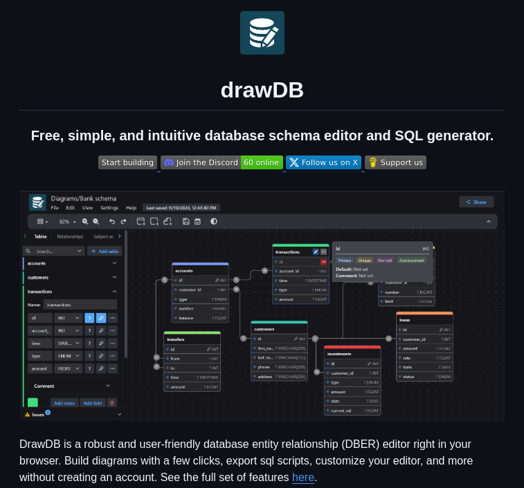 tom_doerr's tweet image. Online database design tool and SQL generator