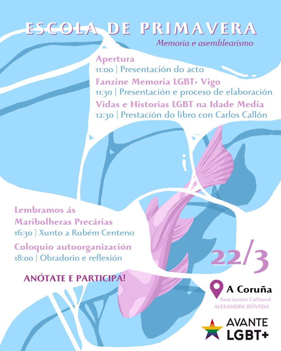 Boas novas! Presentamos a escola de primavera, unha xornada de formación centrada na memoria LGBT+ e no asemblearismo. 

Apúntate e participa!

Onde? Asociación Cultural Alexandre Bóveda, A Coruña.
Cando? O 22 de marzo.

forms.gle/8TQ2EdgF4EwwR1…