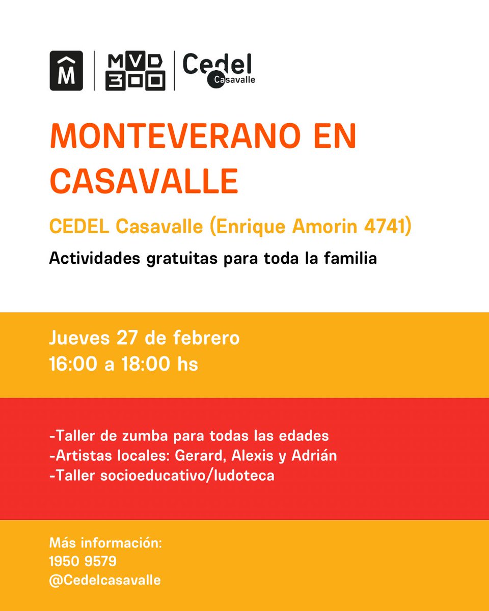 CEDELCV's tweet photo. Última jornada de monteverano en Casavalle☀️🎶

🗓️ 27 de febrero
⏰ 16:00 a 18:00 hs 
📍 Cedel Casavalle (Enrique Amorin 4741)

¡Las y los esperamos para disfrutar en familia! 💫

#MonteVerano🏖️ https://t.co/kfkc328PT6