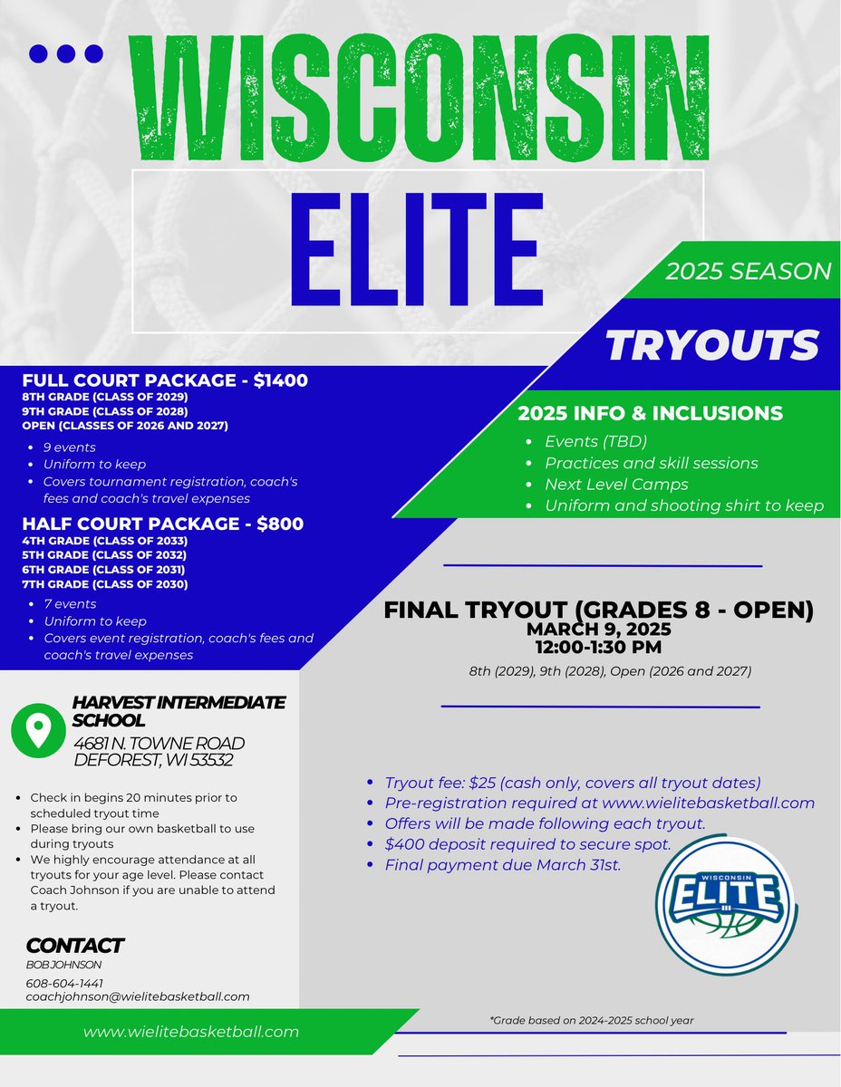 🏀FINAL TRYOUT🏀

Our final tryout is set for our 8th grade and high school teams. 

🗓️March 9th
🕕 12:00pm
📍Harvest Intermediate School (DeForest)
🔗 wielitebasketball.com