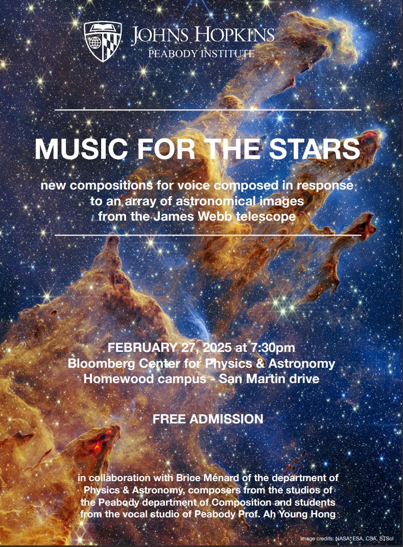 Music for the Stars concert is THIS THURSDAY, 2/27, at 7:30PM in Bloomberg Center for Physics &amp; Astronomy! FREE!!
