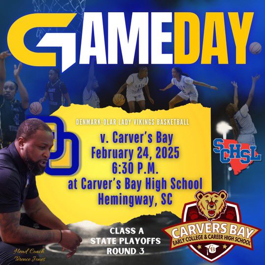 It’s GAMEDAY for the Lady Vikings. We will travel to Carvers Bay for the 3rd Round of the Playoffs. Winner will advance to the Lower State Championship Game
