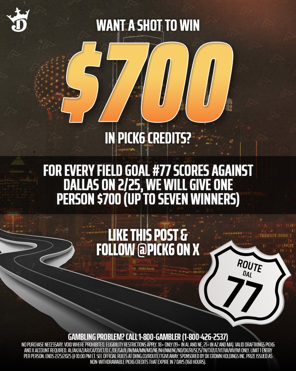 🚧 ROUTE 77 GIVEAWAY 🚧

The NBA world is focused on LA vs. DAL and so are we. 👀

LIKE this post &amp; FOLLOW <a href="/Pick6/">Pick6</a> to enter. 

Full Rules: dkng.co/Route77Giveaway