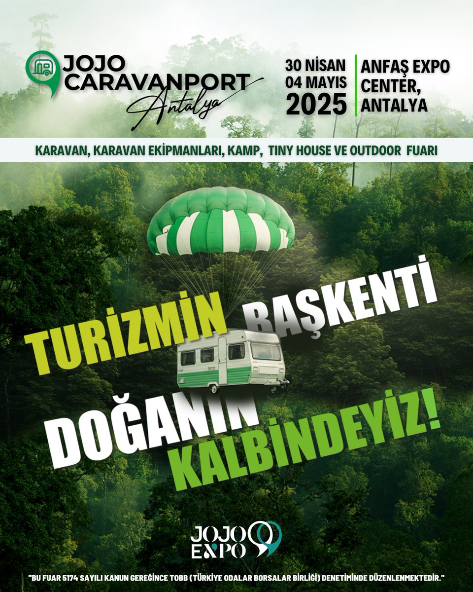 Doğa tutkunları Turizmin Başkenti Antalya'da bir araya geliyor!

Akdeniz’in en kapsamlı Karavan, Kamp, Tiny House ve Outdoor Fuarı Jojo Caravanport Antalya sizleri bekliyor!

🗓️30 Nisan – 4 Mayıs 2025
📍ANFAŞ EXPO CENTER

#JojoExpo #JojoCaravanport #Antalya