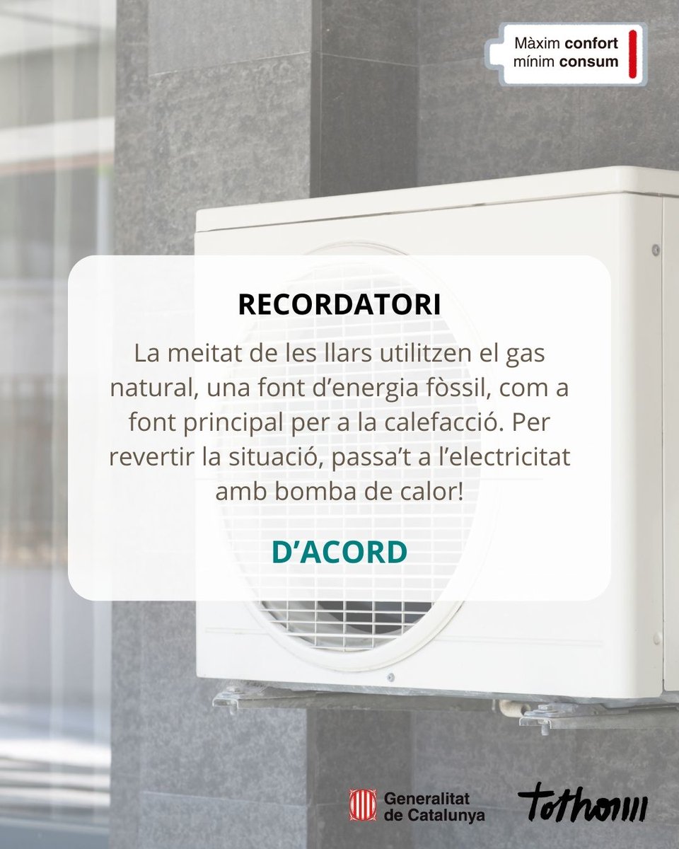 🔋 #MaximComfortMinimConsum

La meitat de les llars utilitzen el gas natural, una font d'energia fòssil, com a font principal per a la #calefacció 💨

👉🏾 Per revertir la situació, passa’t a l'electricitat amb bomba de calor! Tria #HivernEficient

🔗 ow.ly/cIXv50V48aa