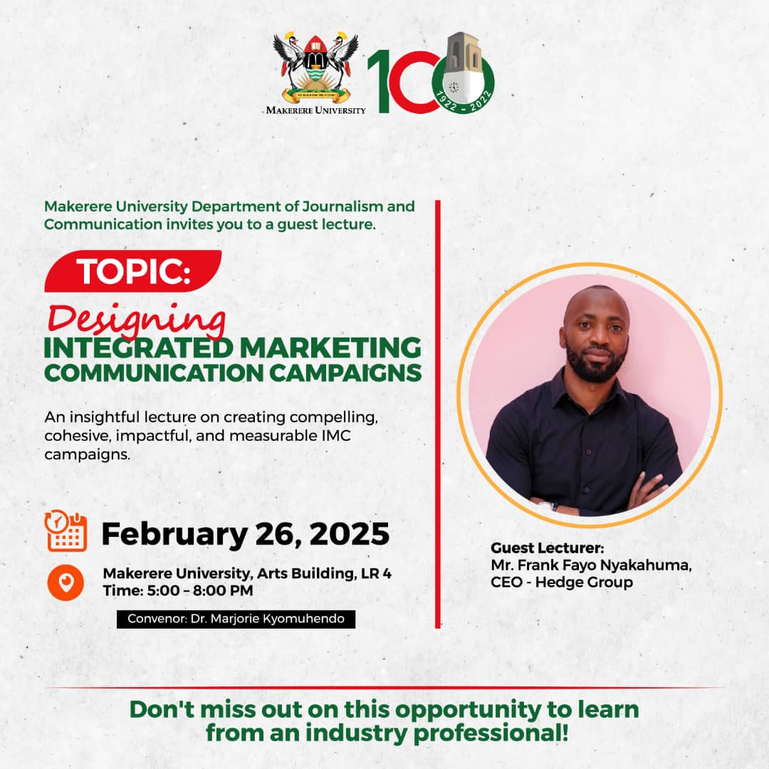 MakerereJournalism (@jocommakerere) on Twitter photo Integrated Marketing Comms campaigns must be creative, cohesive, impactful, and measurable. Join us for an insightful lecture on IMC designs <a href="/FrankFayo/">Frank Fayo Nyakahuma</a> <a href="/HedgeMarketing/">Hedge Marketing.</a> <a href="/Marjkyom/">Marjorie Kyomuhendo</a> <a href="/MUJCA_official/">Makerere University Journalism & Comm Association</a> <a href="/MakerereCHUSS/">Makerere University CHUSS</a> <a href="/SaraLectures/">Sara Namusoga-Kaale</a> Integrated Marketing Comms campaigns must be creative, cohesive, impactful, and measurable. Join us for an insightful lecture on IMC designs <a href="/FrankFayo/">Frank Fayo Nyakahuma</a> <a href="/HedgeMarketing/">Hedge Marketing.</a> <a href="/Marjkyom/">Marjorie Kyomuhendo</a> <a href="/MUJCA_official/">Makerere University Journalism & Comm Association</a> <a href="/MakerereCHUSS/">Makerere University CHUSS</a> <a href="/SaraLectures/">Sara Namusoga-Kaale</a>