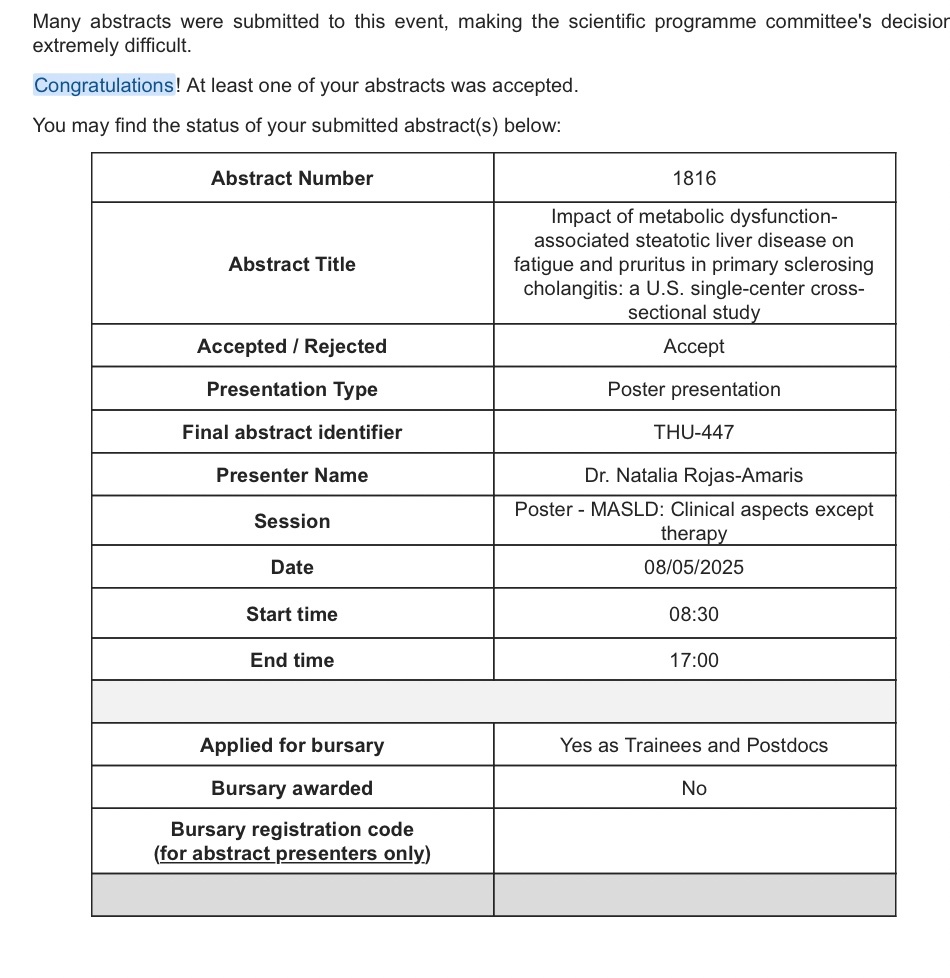 Natalia Rojas Amarís (@nataliarojasmd) on Twitter photo Excited to share that our team’s abstract has been accepted for#EASLCongress2025 👏🏼 I’m honored to present our work this year 📊
A huge thanks to this great team <a href="/AnaMarencoMD/">Ana Marenco Flores</a> <a href="/BonderAlan/">Alan Bonder</a> <a href="/Vilas_Pat/">Vilas Patwardhan</a> and the collaboration of @dracarmenlara <a href="/mromerogomez/">Manuel Romero-Gómez</a> for making it possible🙌🏼 Excited to share that our team’s abstract has been accepted for#EASLCongress2025 👏🏼 I’m honored to present our work this year 📊
A huge thanks to this great team <a href="/AnaMarencoMD/">Ana Marenco Flores</a> <a href="/BonderAlan/">Alan Bonder</a> <a href="/Vilas_Pat/">Vilas Patwardhan</a> and the collaboration of @dracarmenlara <a href="/mromerogomez/">Manuel Romero-Gómez</a> for making it possible🙌🏼