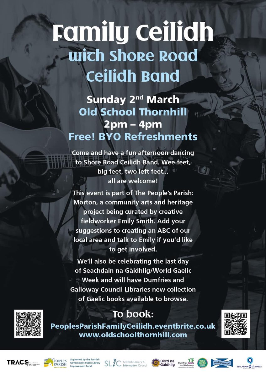 DgcLearning's tweet image. 🔵 As part of Seachdain na Gàidhlig (World Gaelic Week) - 24th Feb to 2nd March 2025, The People’s Parish, Morton  is hosting a Family Ceilidh in Old School, Thornhill on Sunday 2nd March. 

See poster below for further details ⬇️ 

#SeachdainNaGàidhlig2025
#BuildingConnections