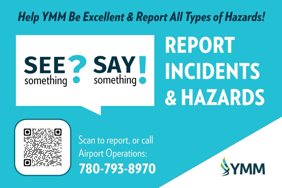 If you see something at YMM that could be a safety hazard, we ask that you say something! ✈️ By scanning the QR Code, you can report an incident and/or hazard: loom.ly/kGGi5g8

In emergency situations, please call the Airport Operations Centre at 780-793-8970. #flyymm