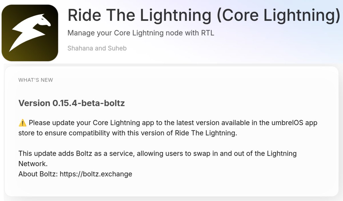 Boltz - Non-Custodial Bitcoin Bridge (@boltzhq) on Twitter photo Today <a href="/RTL_App/">⚡Ride-The-Lightning App⚡</a> with <a href="/Core_LN/">Core Lightning ⚡️</a> on <a href="/umbrel/">Umbrel ☂️</a> received some 🧡
Boltz is available natively from within RTL now🙌 Today <a href="/RTL_App/">⚡Ride-The-Lightning App⚡</a> with <a href="/Core_LN/">Core Lightning ⚡️</a> on <a href="/umbrel/">Umbrel ☂️</a> received some 🧡
Boltz is available natively from within RTL now🙌