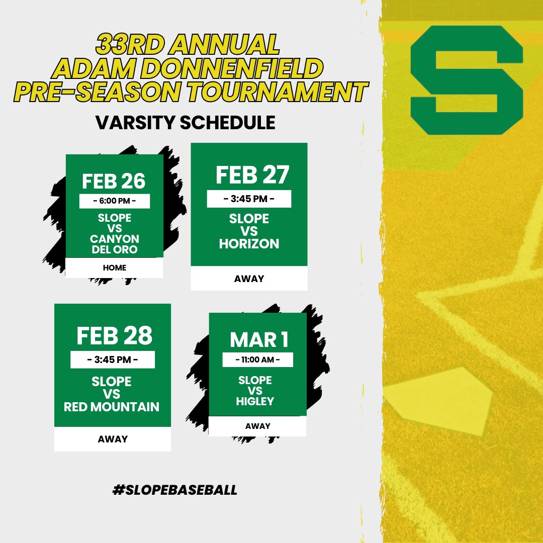 We have an exciting week ahead as the varsity team plays in the 33rd Annual Adam Donnenfield Preseason Tournament! Please note Fridays game at Red Mountain has a $10 admission and they enforce a clear bag policy. GOOD LUCK BOYS!! ⚾️

#slopebaseball #sunnyslopebaseball #govikings