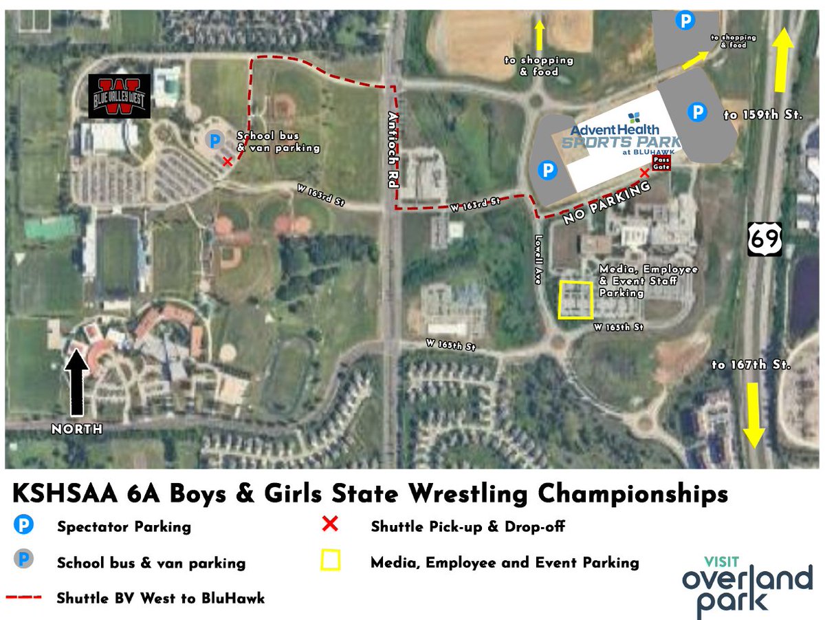 KSHSAA's tweet image. 6A State Wrestling fans: Overland Park-The AdventHealth Sports Park.
ℹ️The arena is a cashless facility.
ℹ️See parking map.