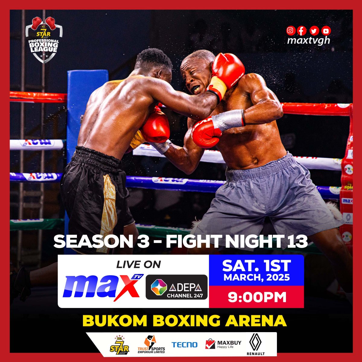 maxtvgh's tweet photo. Kicking off the #GhanaMonth with a night filled exhilarating bouts π₯ #fightnight13
#boxing #MaxFM https://t.co/AT258PYstC