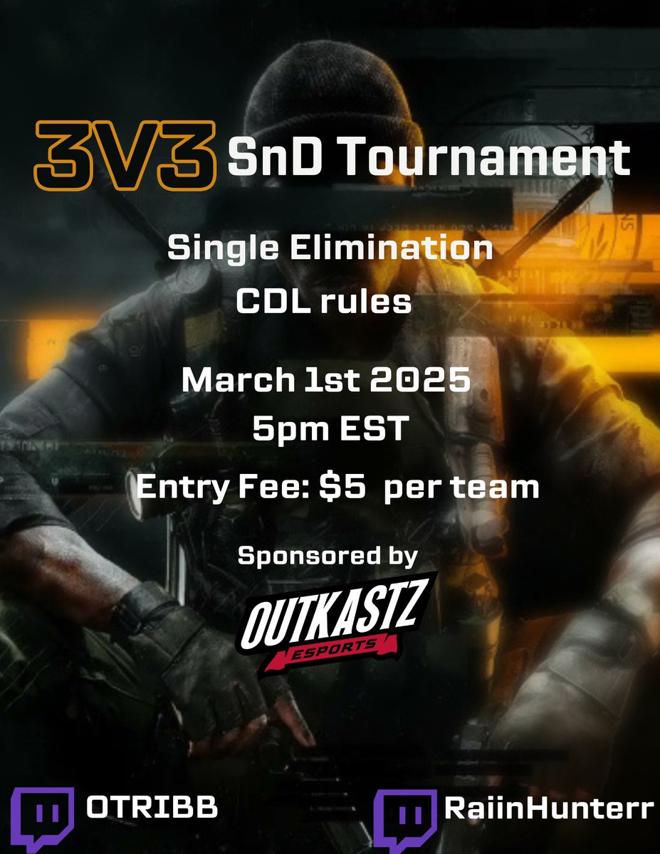 OTribb_'s tweet image. Alright guys and girls, Myself and @RaiinHunterr are hosting a 3v3 Black Ops 6 SnD tournament. There will be a $50+ prize pool. A payment of 5$ per team (this will be added to the prize pool) will be collected before the tournament starts. (read more below) ⬇️⬇️⬇️