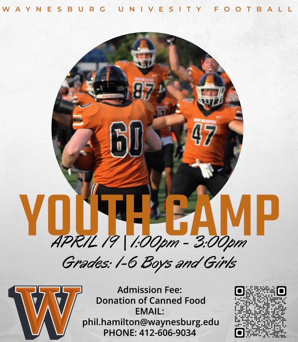 Youth Camp April 19th!!
Great opportunity for your kids to have some fun and be coached by some great people.
Scan the QR Code below