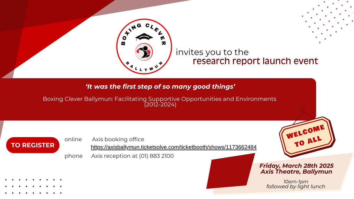 Boxing Clever Ballymun research &amp; event
To book a place please
phone Axis reception at (01) 883 2100
book a ticket via the online ticket link axisballymun.ticketsolve.com/ticketbooth/sh…