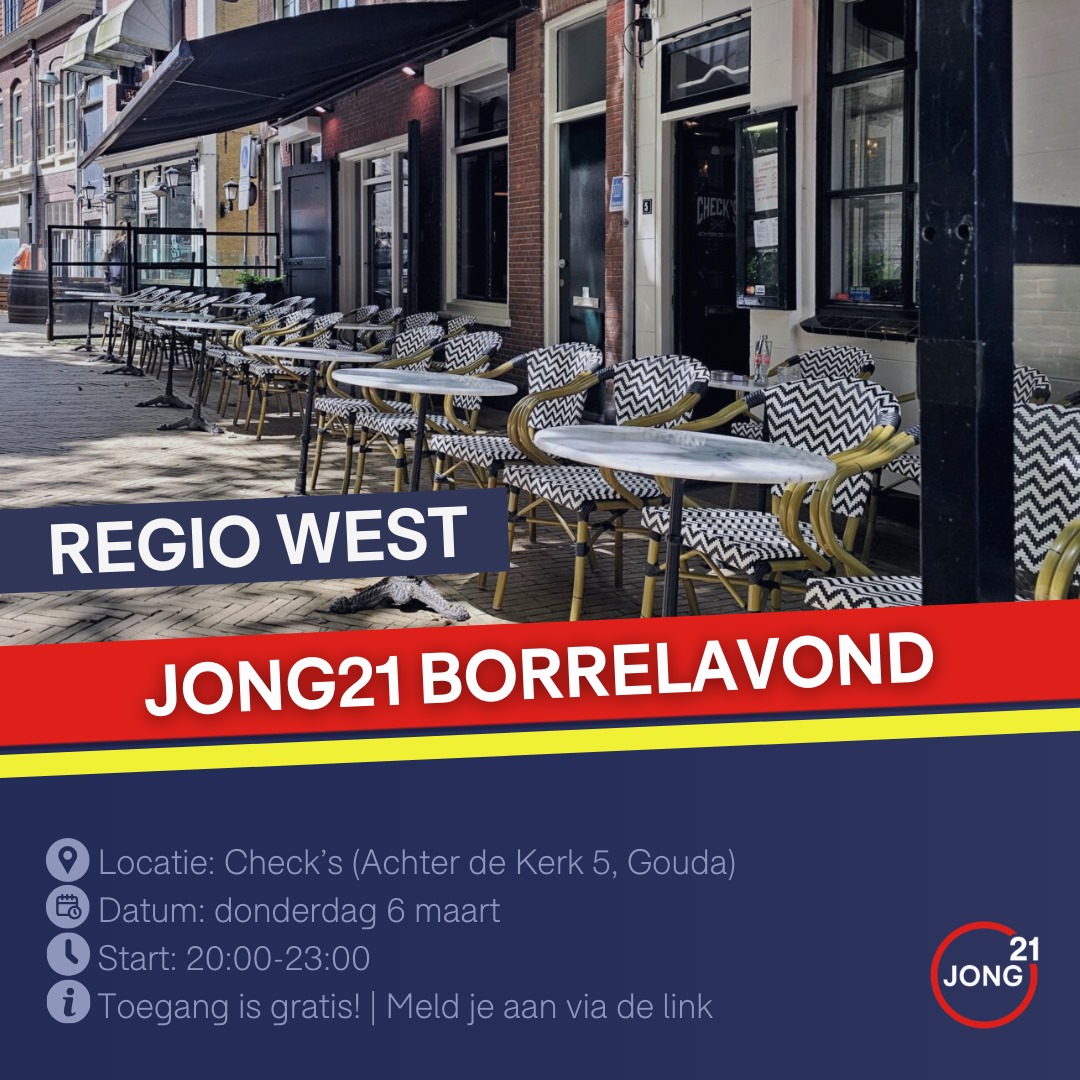 JONG21 organiseert een borrelavond in Regio West! Kom gezellig langs om te borrelen en gelijkgestemden te ontmoeten. Niet-leden zijn ook van harte welkom! 🍻 

Aanmelden kan via Eventbrite: linktr.ee/jongja21