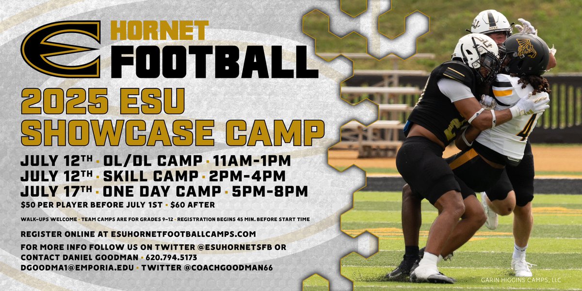 ESU Hornet Football (@esuhornetsfb) on Twitter photo 🗣️ PROSPECT CAMP DATES ARE SET ‼️
- July 12th - OL/DL Camp (11AM-1PM)
- July 12th - Skill Camp (2PM-4PM)
- July 17th - One Day Individual Camp (5PM-8PM)
Get registered NOW to Camp with the Hornets 🐝 👇
🔗 esuhornetfootballcamps.com
📱 <a href="/CoachGoodman66/">Daniel Goodman</a> // <a href="/esuhornetsfb/">ESU Hornet Football</a> 🗣️ PROSPECT CAMP DATES ARE SET ‼️
- July 12th - OL/DL Camp (11AM-1PM)
- July 12th - Skill Camp (2PM-4PM)
- July 17th - One Day Individual Camp (5PM-8PM)
Get registered NOW to Camp with the Hornets 🐝 👇
🔗 esuhornetfootballcamps.com
📱 <a href="/CoachGoodman66/">Daniel Goodman</a> // <a href="/esuhornetsfb/">ESU Hornet Football</a>