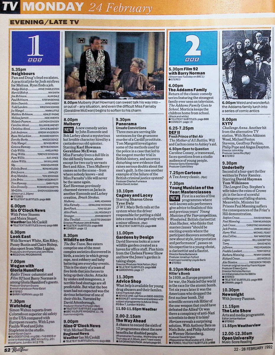 TvDidYouSee's tweet photo. #OnThisDay 24 February 1992 📺TV Listings
Derek cooks to impress in #CoronationStreet.
#DesOConnor hosts a revival of 1950s game show TAKE YOUR PICK.
#KarlHowman and #GeraldineMcEwan in new comedy MULBERRY.
#RayWinstone stars in drama UNDERBELLY, and #JohnBird with more EL C I D. https://t.co/VU38C6eykV