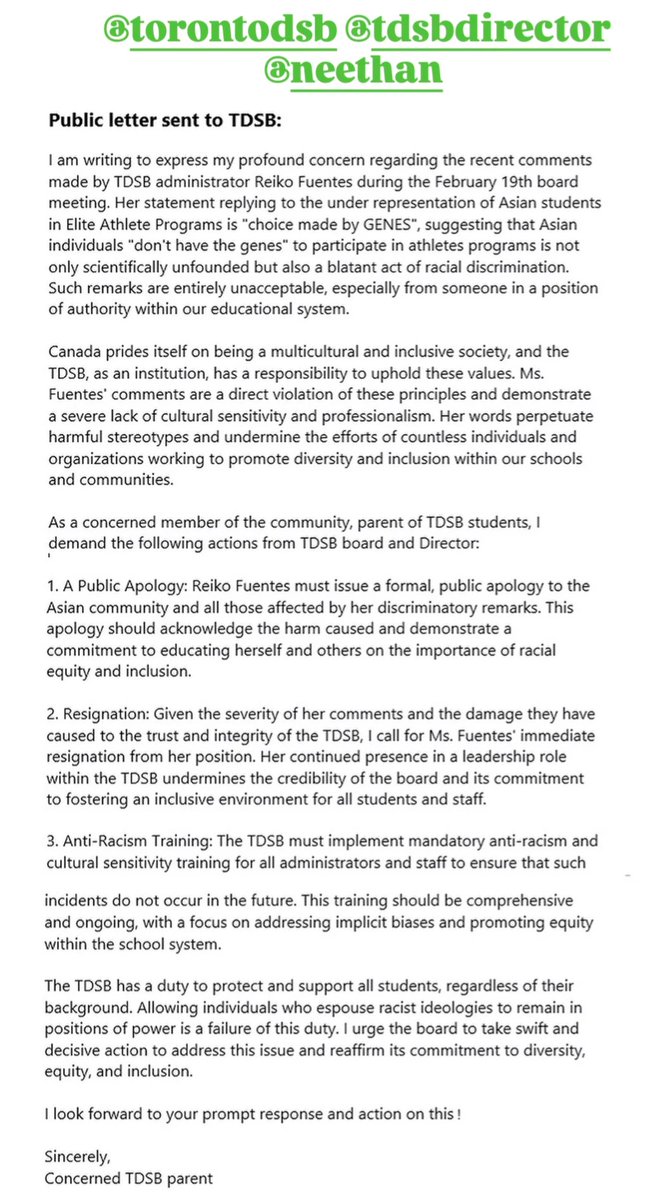 Public letters from TDSB parents to Toronto District School Board <a href="/tdsb/">Toronto District School Board</a> regarding staff public statement re: the under representation of Asian students in Elite Athlete Programs is "choice made by GENES in terms of being able to compete and perform at that level" in Board Meeting