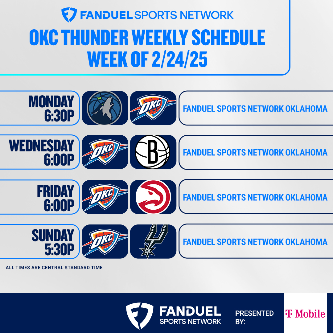 Here’s how you can watch the Thunder on FanDuel Sports Network this week. ⤵️

<a href="/TMobile/">T-Mobile</a> | #ThunderUp