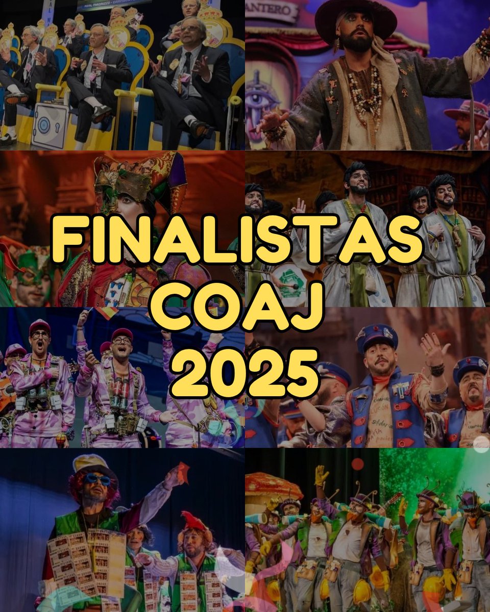Finalistas del COAJ 2025

CHIRIGOTAS: 
🔸 El auténtico juego de la ONCA...,Arjona
🔸Los Traicioneros,Albox
🔸 Rey de Reyes,Torredonjimeno
🔸Los Recluta Madre,Jaén

COMPARSAS: 
🔹Bendita tú eres,Armilla
🔹Los Charlatanes,Vilches
🔹 El Gran Comandante,Granada
🔹 Incansables,Martos