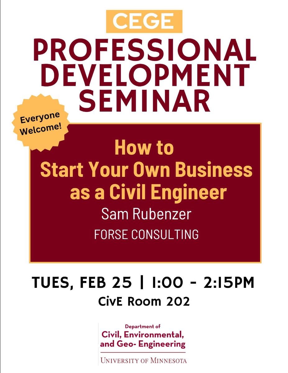 Tomorrow join Sam Rubenezer from Forse Consulting to talk about starting your own company as a civil engineer!