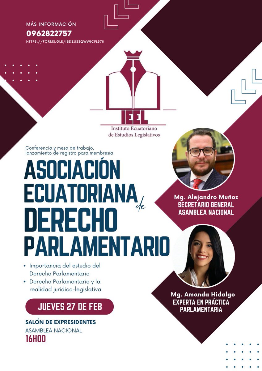 Lanzamiento de la Asociación Ecuatoriana de Derecho Parlamentario del Ecuador: Mesa de Trabajo en la construcción de la red de investigadores y académicos para fortalecer el estudio del Derecho Parlamentario y Práctica Legislativa.

Formulario de registro: forms.gle/wsSGTTLx64emXs…
