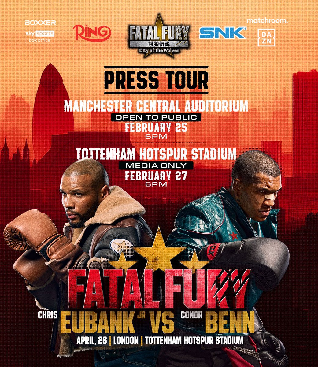 ‼ Chris Eubank Jr and Conor Benn will come face-to-face this week at the first press conferences for their #FatalFury clash headlining Ring Magazine’s first boxing card on April 26th at Tottenham Hotspur Stadium in collaboration with <a href="/SNKPofficial/">SNK GLOBAL</a> @KOFStudio_EN.

📆 Tuesday Feb