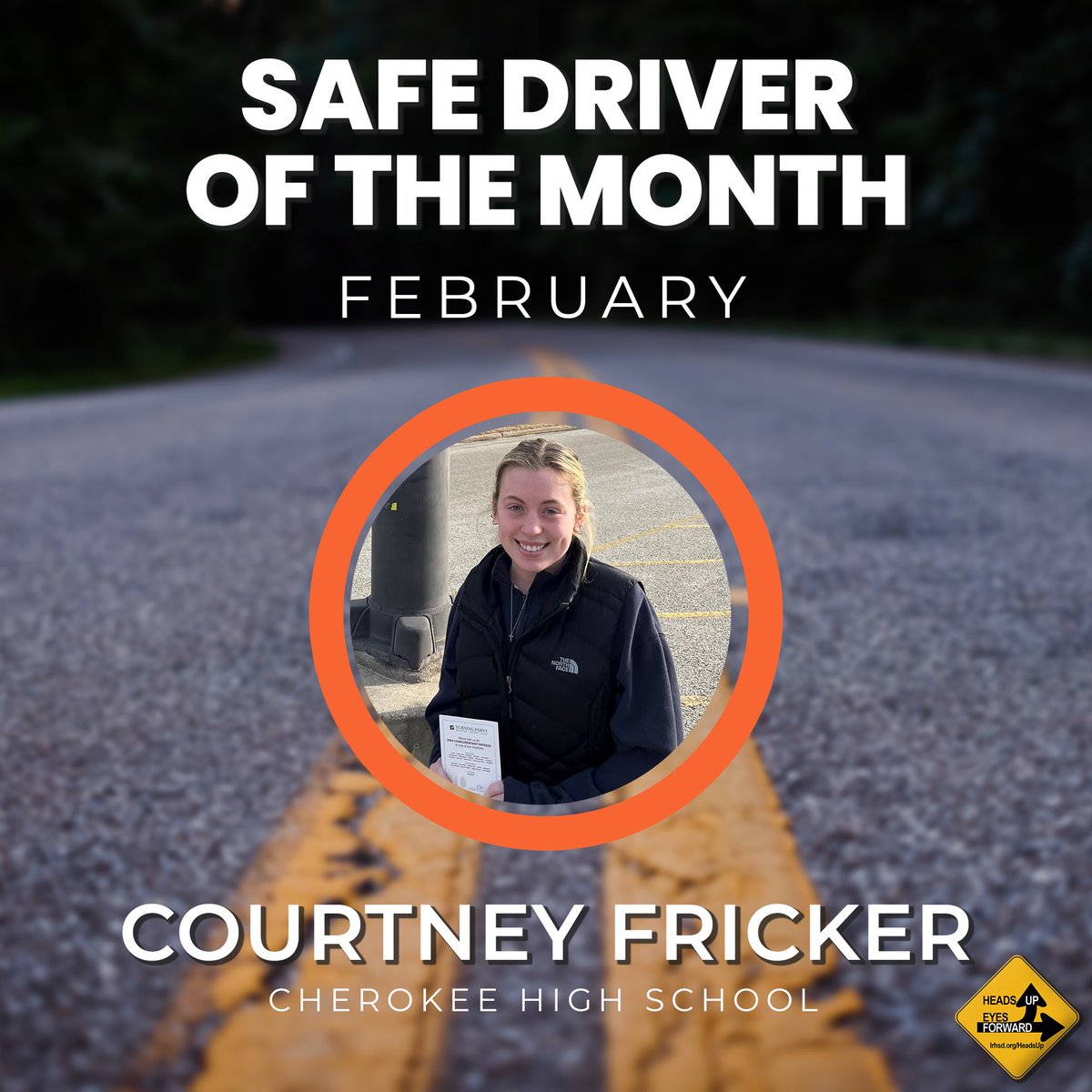 Congratulations to Courtney Fricker who won our Safe Driver of the Month Parking Spot <a href="/Cherokee_HS/">Always_a_Chief</a> - 🎉🚗 Along with premium parking, Courtney also received a gift card from our friends at turning point!