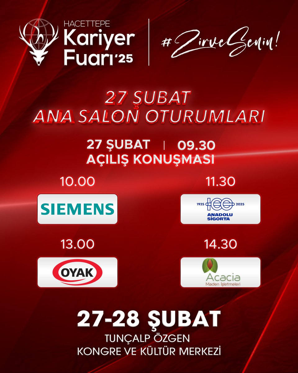 Hacettepe Kariyer Fuarı’25, ilham veren ana salon konuşmacılarıyla sizlerle! 🤩

27 Şubat tarihinde Tunçalp Özgen Kongre ve Kültür Merkezi’nde gerçekleşecek oturumları ile karşınızda! ♥️✨

Detaylı bilgi için @huksf Instagram hesabını ziyaret edebilirsiniz.