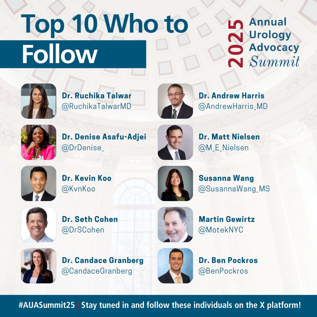 Amer. Urol. Assn. (@amerurological) on Twitter photo Whether you are attending this year Advocacy Summit in person, or will be following along virtually - make sure you take a few minutes and follow this years Top 10 Who to Follow list for #AUASummit25 updates, behind the scenes content and more! 📱
<a href="/RuchikaTalwarMD/">Ruchika Talwar</a>
<a href="/DrDenise_/">Denise Asafu-Adjei MD, MPH</a> Whether you are attending this year Advocacy Summit in person, or will be following along virtually - make sure you take a few minutes and follow this years Top 10 Who to Follow list for #AUASummit25 updates, behind the scenes content and more! 📱
<a href="/RuchikaTalwarMD/">Ruchika Talwar</a>
<a href="/DrDenise_/">Denise Asafu-Adjei MD, MPH</a>