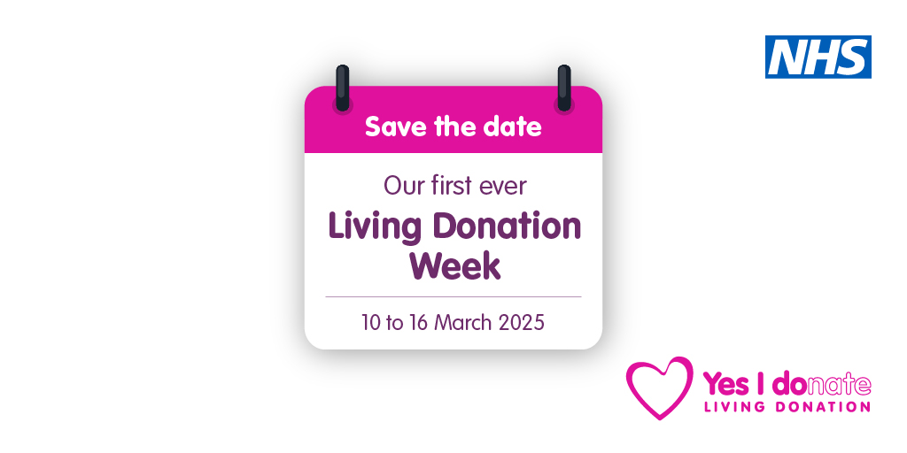 Save the date for our first ever Living Donation Week!

From 10 to 16 March, we'll be sharing lots of information and stories about living donation, as we aim to raise awareness and help to save more lives 💗