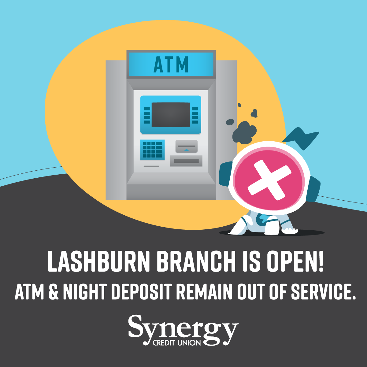 Synergycu's tweet image. Lashburn Branch Update  

Our Lashburn branch is open! Please note, the ATM and night deposit remains out of service.

For alternative ways to bank with us, visit: ow.ly/F2B250V5sPi

#MemberUpdate #Lashburn #ATM #Branch