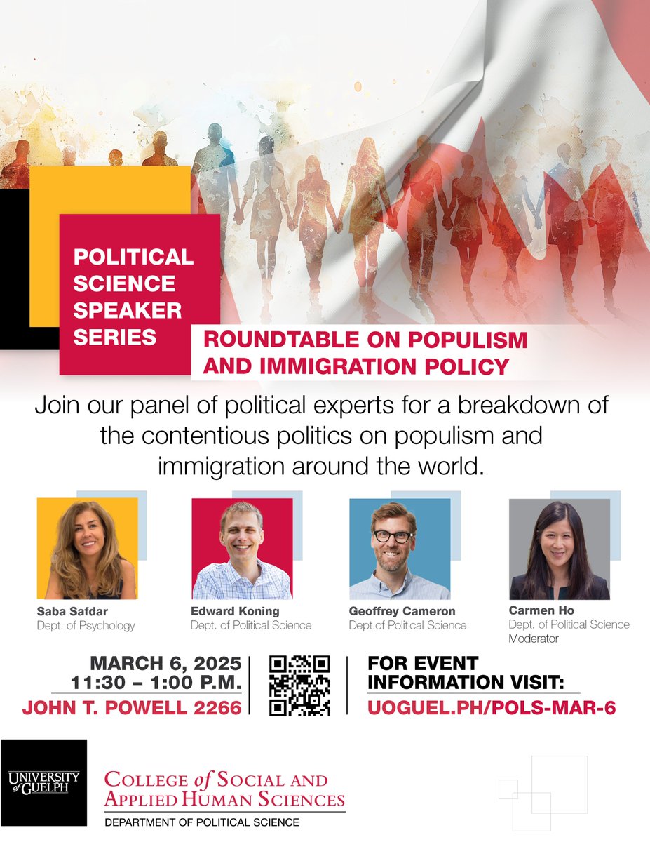Geoff Cameron (@geoff_cameron) on Twitter photo If you are in or around <a href="/uofg/">University of Guelph</a> on March 6th, come join me, Edward Koning, and Saba Safdar to talk about populism and immigration policy.
We'll be in John T. Powell 2266 from 11:30-1:00pm. Thanks to <a href="/GuelphPOLS/">GuelphPOLS</a> for hosting. If you are in or around <a href="/uofg/">University of Guelph</a> on March 6th, come join me, Edward Koning, and Saba Safdar to talk about populism and immigration policy.
We'll be in John T. Powell 2266 from 11:30-1:00pm. Thanks to <a href="/GuelphPOLS/">GuelphPOLS</a> for hosting.